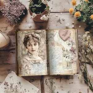 May include: An open vintage journal with a photo of a young woman on the left page and handwritten text and decorative paper on the right page. The journal is surrounded by dried flowers and plants.