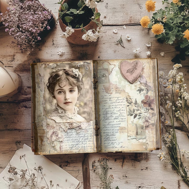 May include: An open vintage journal with a photo of a young woman on the left page and handwritten text and decorative paper on the right page. The journal is surrounded by dried flowers and plants.