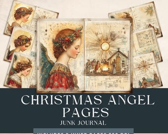 Peut inclure: Neuf pages imprimables représentant un ange de Noël avec des ailes, une scène de la Nativité et d'autres illustrations de style vintage. Les pages sont conçues pour être utilisées dans un journal de rebut et sont en 300 DPI.