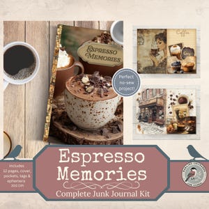 Può includere: Un kit completo di junk journal intitolato "Espresso Memories". Il kit include 12 pagine, una copertina, tasche, tag ed effimeri. Il design presenta immagini a tema caffè, tra cui tazze di caffè e illustrazioni vintage.