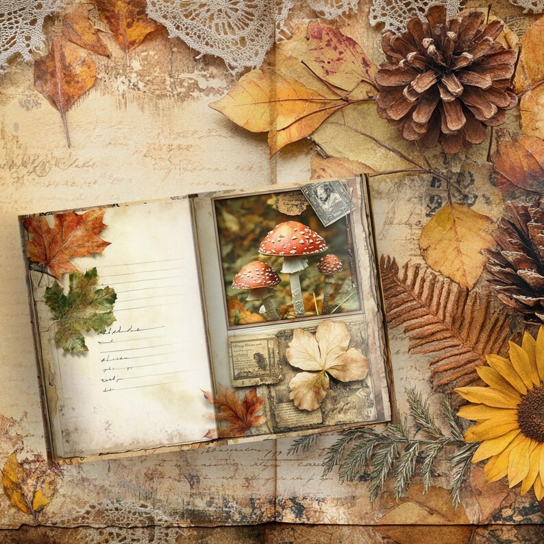 May include: An open journal with lined pages, decorated with fall leaves, a pine cone, and a pressed flower. The journal has a vintage aesthetic and features a pressed image of mushrooms on the right page.