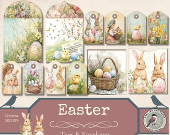 Etichette e buste pasquali vintage / Ephemera stampabile per il diario di Pasqua / Etichette per album di ritagli primaverili / Kit per lavoretti di carta pasquali / Etichette pasquali carine