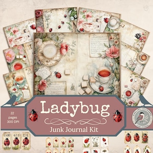 Vintage Ladybug Garden Journal Kit I Garden afdrukbare ephemera | Thee en bloemen lentecollectiepagina's | Zoete zomerherinneringen printables