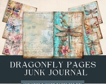 Dragonfly Junk Journal Kit | Floral Collage Sheets  | Shabby Chic Journal Kit | Vintage Journal Papers | Dragonfly Ephemera |