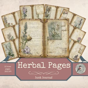 Páginas de Ervas – Kit de Diário Botânico Vintage com Flores Prensadas e Caligrafia | Álbum de recortes botânicos | Imprimíveis da Natureza