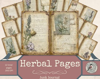 Herbal Pages – Vintage Botanical Junk Journal Kit with Pressed Florals & Handwriting | Botanical scrapbook | Nature Printables