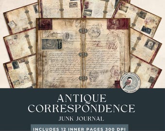 May include: Antique Correspondence Junk Journal with 12 inner pages. The journal features a vintage aesthetic with handwritten text, stamps, and a distressed paper look. The cover features a bird illustration and the text "Darling Chickadee Junk Journal".