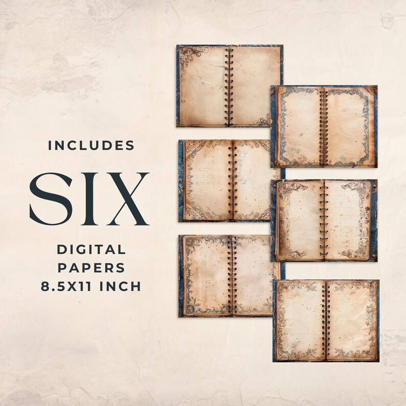 May include: Six digital papers with a vintage aesthetic. Each paper features an open book design with aged paper and a spiral binding. The covers have a blue border with ornate corner designs. The text on the image reads "Includes Six Digital Papers 8.5x11 inch."