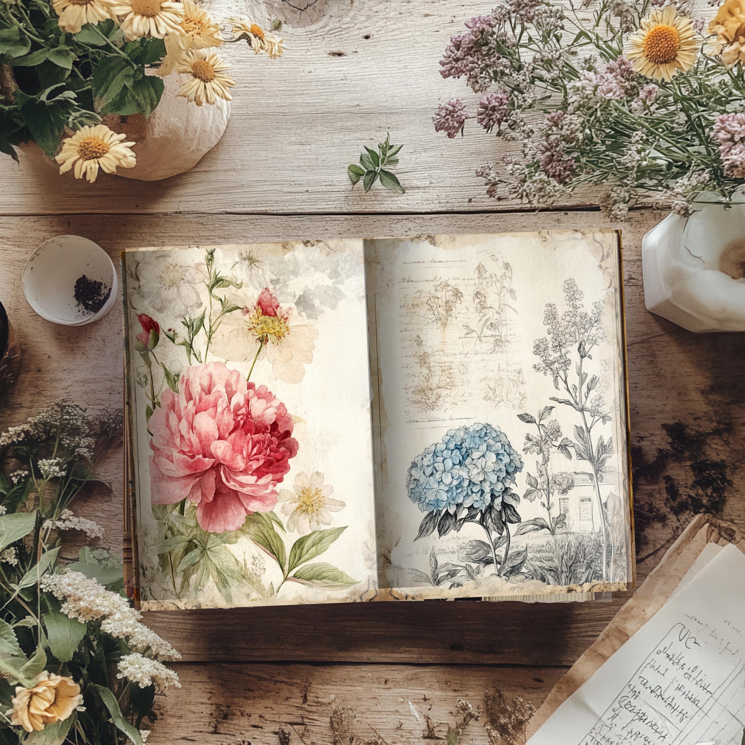 Antique Botanical Junk Journal Pages | Printable Vintage Floral Kit ...