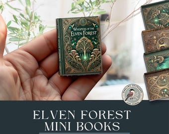 May include: Set of four miniature books with green covers and gold accents. The covers feature an illustration of a tree with a whimsical design. The title of the book is "Whispers of the Elven Forest".