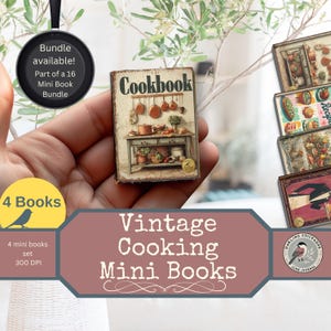 Peut inclure: Ensemble de quatre mini-livres de cuisine vintage. Le livre principal présente une illustration détaillée d'une scène de cuisine avec des casseroles et des poêles. L'image comprend le texte "Cookbook" et "Vintage Cooking Mini Books".