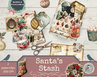 Santa’s Stash Hidden Paperclips | Vintage Christmas Printable Paperclip Kit | Junk Journal Ephemera, Holiday Craft Embellishments