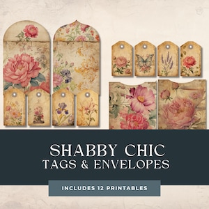 Junk-Journal Tags | Druckbare Ephemera | Druckbare Einsätze | Shabby Chic Pfingstrose | Digitale Tags | Vintage Blumen Umschläge | Digitaler Download