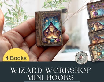 Wizard Workshop Mini Books – Set of 4 | Miniature Magic Books for Junk Journals | Fantasy Ephemera | Dollhouse books |  Fantasy Spellbook