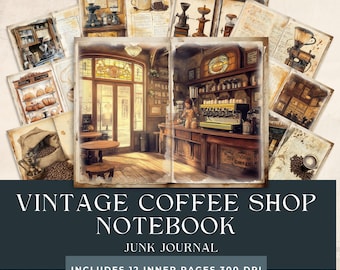 Puede incluir: Diario de chatarra con temática de cafetería vintage con 12 páginas interiores. La portada presenta un collage de imágenes de un interior de cafetería, granos de café y molinillos de café vintage. El texto "Vintage Coffee Shop Notebook" y "Junk Journal" está impreso en la portada.