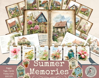 Kit de diario basura "Recuerdos de verano" / Páginas, tarjetas y etiquetas imprimibles de jardín de campo / Scrapbooking de cabañas de verano / Efímeras de pueblo Fussy Cuts