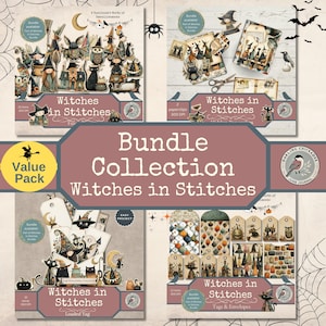 May include: A bundle collection of digital scrapbook elements with a Halloween theme. The collection includes tags, envelopes, paperclips, and other embellishments. The text "Witches in Stitches" is displayed on the products.
