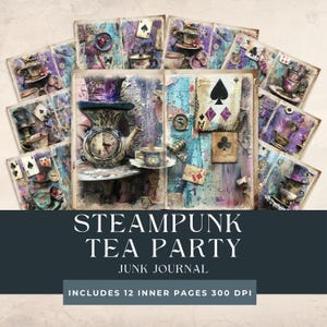 Diário de Junk Party Steampunk | Páginas de Junk Journal de Xícaras de Chá Vitorianas | Arte Steampunk | Páginas de Técnicas Mistas | Diário Vintage | Livro Alice