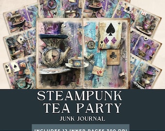 Steampunk Tea Party Junk Journal | Victorian Teacups Junk Journal Pages | Steampunk Art |  Mixed Media Pages | Vintage Journal | Alice Book