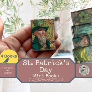 May include: A collection of four miniature books themed around St. Patrick's Day. The front book displays a leprechaun illustration. The books are green and gold with the text "St. Patrick's Day Mini Books".
