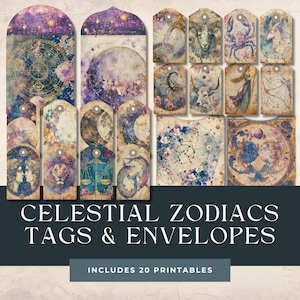 Himmlische Sternzeichen Junk Journal Tags Umschläge | Astrologie Printables | Sterne Addons |  Sternzeichen Scrapbooking | Himmlisches Kunsthandwerk