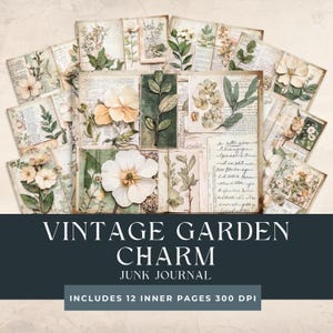 Páginas de diário de lixo com charme de jardim vintage | Kit floral de jardim para impressão | Páginas florais botânicas vintage | Imprimíveis florais herbais