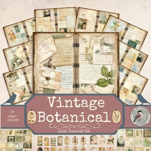 kit vintage de carnet de voyage botanique |  Pages florales de scrapbooking | Art numérique de collage | Fleurs éphémères imprimables, notes, étiquettes, coupes difficiles