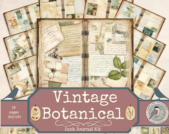Vintage Botanical Junk Journal Kit |  Floral Scrapbook Pages | Digital Collage Art | Printable Ephemera Florals, Notes, Tags, Fussy Cuts