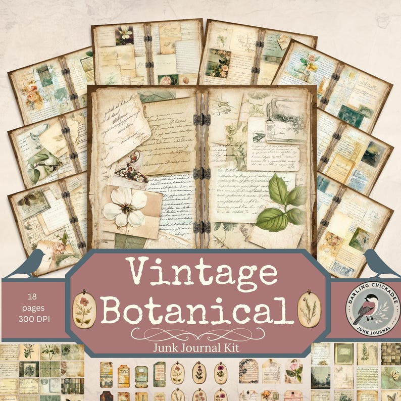 Vintage Botanical Junk Journal Kit | Floral Scrapbook Pages | Digital ...