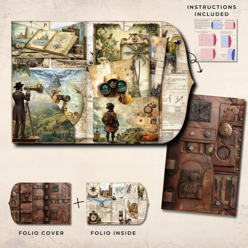 May include: A vintage-style folio with a brown leather cover and a detailed interior featuring maps, illustrations, and text. The folio is open to reveal the inside pages, which are decorated with a variety of images, including a palm tree, a compass, and a pair of binoculars. The folio is a unique and decorative piece that would be perfect for a collector of vintage items or someone who enjoys the look of antique books.