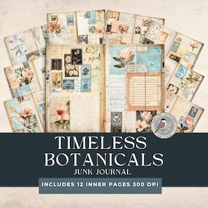 Páginas de Timeless Botanicals para diario basura, técnica botánica mixta, arte alterado vintage, imprimibles rústicos vintage, collage de álbumes de recortes