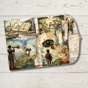 May include: A collage of vintage travel-themed images, including a map, a compass, a palm tree, a parrot, a telescope, binoculars, and a globe. The images are arranged in a scrapbook style with a brown and white background.