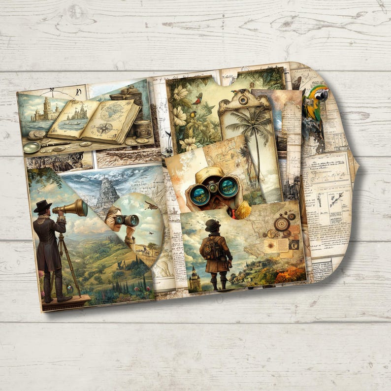 May include: A collage of vintage travel-themed images, including a map, a compass, a palm tree, a parrot, a telescope, binoculars, and a globe. The images are arranged in a scrapbook style with a brown and white background.
