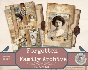 Könnte beinhalten: Eine Sammlung von Ordnern im Vintage-Stil mit antiken Papiertapeten, die Porträts, Etiketten und eine Taschenuhr zeigen. Die Ordner sind mit "FILED" und "ARCHIVE COPY" beschriftet, mit dem Text "Forgotten Family Archive Folders Kit".
