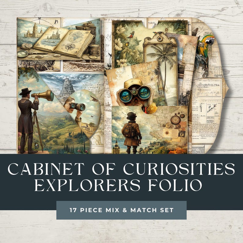 May include: A collage of 17 vintage-style images featuring maps, globes, compasses, and explorers. The images are in a mix of colors, including brown, green, and blue. The text "Cabinet of Curiosities Explorers Folio 17 Piece Mix & Match Set" is at the bottom of the collage.