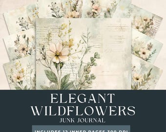 Eleganta skräpjournalsidor med vildblommor | Utskrivbara sidor | Vintage blommig efemera | Digitalt collage med vildblommor | Vintage botaniskt kit