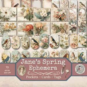 Puede incluir: Una colección de efímeras de estilo vintage con ilustraciones florales y de aves. El conjunto incluye bolsillos, tarjetas y etiquetas con un aspecto envejecido y desgastado. El texto "Jane's Spring Ephemera" se muestra de forma destacada.