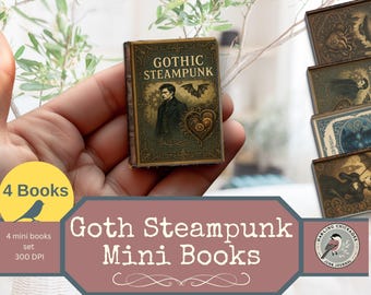 May include: A set of four miniature books with a gothic steampunk theme. The books are bound in brown leather with gold accents and feature illustrations of a man in a top hat and a bat. The text on the cover reads "Gothic Steampunk".