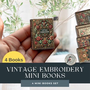 Vintage miniboekjes met borduursels – set van 4 | Vintage op textiel geïnspireerde miniatuurboeken | Afdrukbare tijdschriften en kunst met bloemen | Poppenhuisboeken