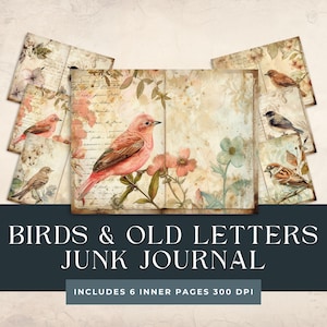 Journal oiseaux et lettres anciennes | Pages imprimables vintage d'oiseaux de jardin | | Oiseaux à imprimer shabby chic | Pages florales | Feuille de collage d'oiseaux