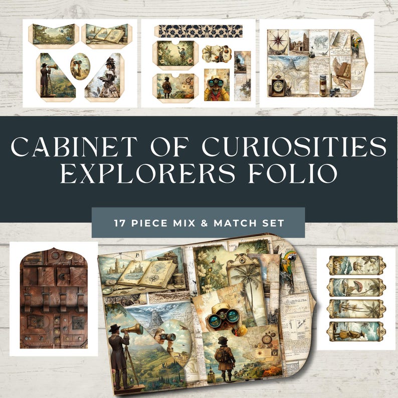 May include: A 17-piece mix and match set of digital scrapbook paper featuring vintage illustrations of explorers, maps, and travel. The paper is in a brown, green, and blue color scheme with a distressed look. The title "Cabinet of Curiosities Explorers Folio" is printed on the paper.