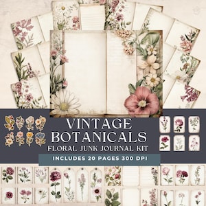 Vintage botanische junk-dagboekkit | Afdrukbare bloemenpagina&#39;s | Natuurkunstkit | Vintage botanische ephemera-pakket | Plakboek bloemen