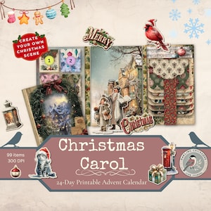 Może przedstawiać: Świąteczny kolaż z napisem "Christmas Carol" i "24-Day Printable Advent Calendar." Obraz zawiera kota w czapce Świętego Mikołaja, czerwonego kardynała i różne elementy dekoracyjne, takie jak latarnia, skrzynka pocztowa i pudełko na prezent. Kolaż zawiera zimową scenerię i słowo "Merry."
