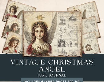 Peut inclure: Journal de rebut vintage sur le thème de l'ange de Noël avec six pages intérieures. La couverture présente une illustration vintage d'un ange avec des ailes, une auréole et une couronne de houx. Le fond est un papier crème vieilli.