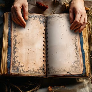 May include: An open journal with a spiral binding, featuring aged cream-coloured pages and dark grey decorative borders. The book is held open, revealing the blank pages, suggesting it's for writing or drawing. The style is reminiscent of an antique book.