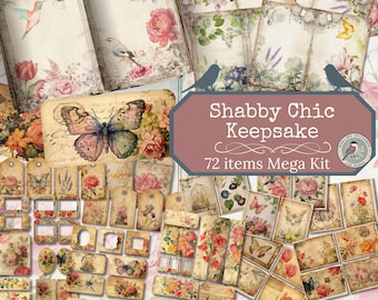 Shabby Chic Keepsake Printable Junk Journal Kit | 72 Items Mega Bundle Kit | Vintage Floral Pages, Cards, Tags & Ephemera