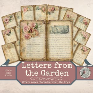 Cartas do Jardim – Páginas de Diário Vintage com Rosas | Páginas de Colagem de Caligrafia | Folhas Florais para Imprimir | Cartas Vintage