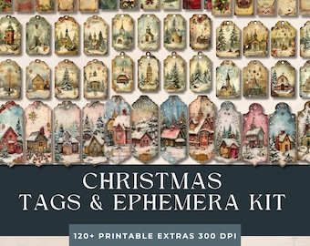 Könnte beinhalten: Ein Set mit über 120 druckbaren Weihnachts-Tags und Ephemera im Vintage-Stil. Die Tags zeigen Illustrationen von Winterszenen, darunter schneebedeckte Häuser, Weihnachtsbäume und Schneemänner. Die Ephemera umfasst verschiedene dekorative Elemente wie Schneeflocken, Sterne und Ornamente. Das Set ist perfekt, um Ihren Weihnachtsbastelarbeiten und Dekorationen einen Hauch von Vintage-Charme zu verleihen.