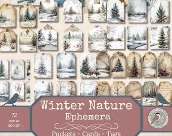 Winter Nature Ephemera Kit – Printable Pockets, Tags, Cards for Junk Journals, Scrapbooking & Winter Crafts