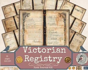 Viktorianische Junk Journal Kit | Vintage Ledger Druckbare Ephemera | 16 Seiten antiker Formen, Siegel und Etiketten | Digitaler Download